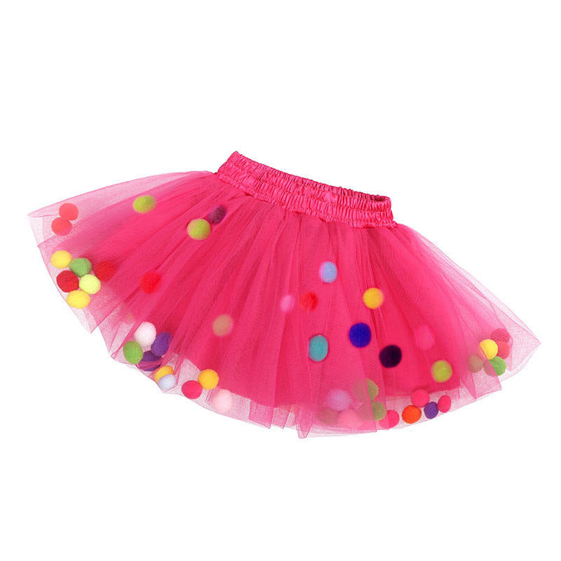 Girl Tutu Skirt Fluffy Toddler Tulle Tutus 3 Layers With Pom Pom Puff Balls-Rose Red