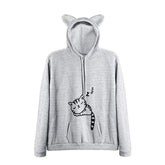Women Teen Girls Cat Printed Hoodie Sweatshirt Cute Cat Ear Pullover Sweatshirt-Gray