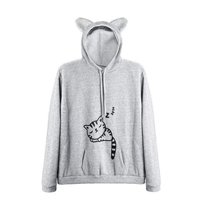 Women Teen Girls Cat Printed Hoodie Sweatshirt Cute Cat Ear Pullover Sweatshirt-Gray