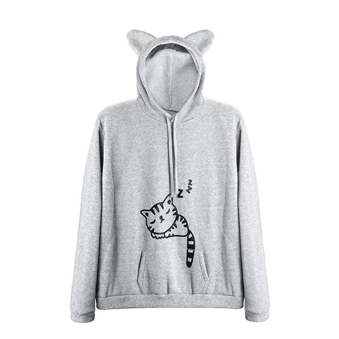 Women Teen Girls Cat Printed Hoodie Sweatshirt Cute Cat Ear Pullover Sweatshirt-Gray