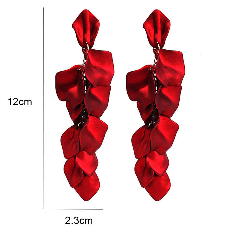 Long Drop Rose Petal Earrings for Women and Girls-Red