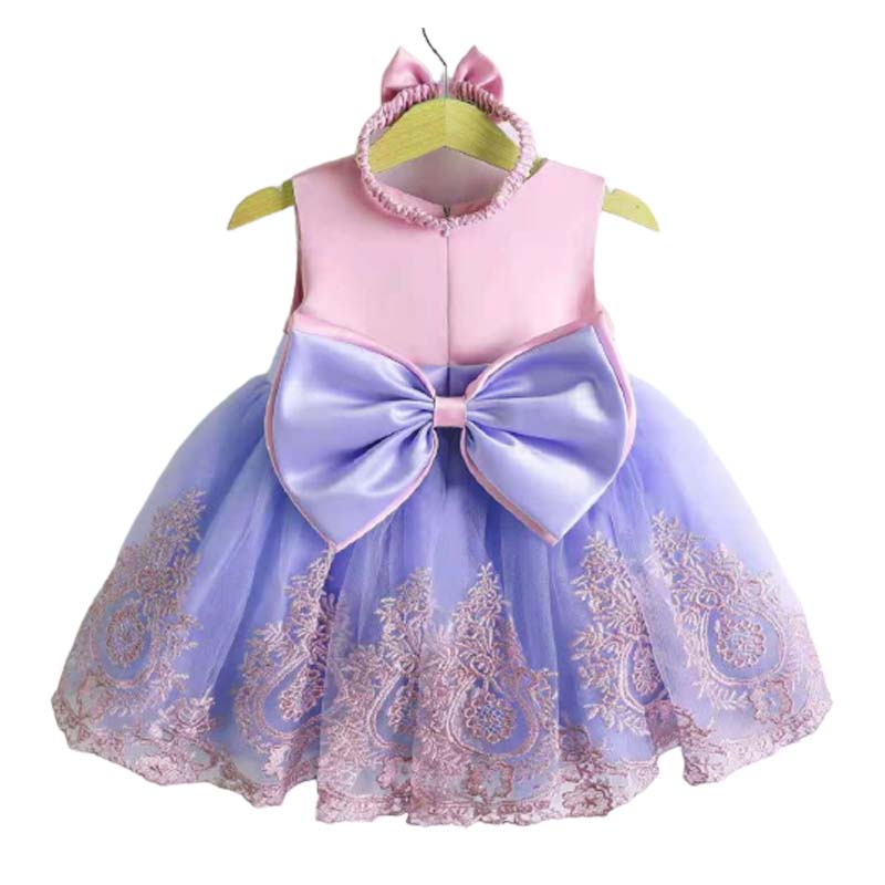 2-6T Little Girl Bowknot Lace Dress Party Wedding Dresses with Headwear-PinkPurple