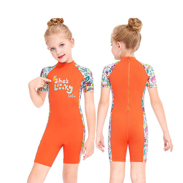 Adore Kids Swimsuit UPF 50+ Sun Protection One-piece Short-sleeved Shorts Beach Quick-drying Swimwear-M150312K-Orange