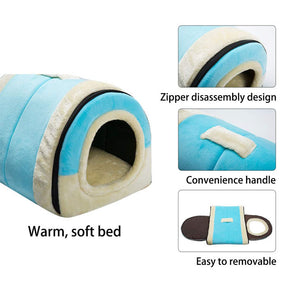 2 in 1 Foldable Cave House Shape Pet Sleeping Bed for Cats and Small Dogs-Blue