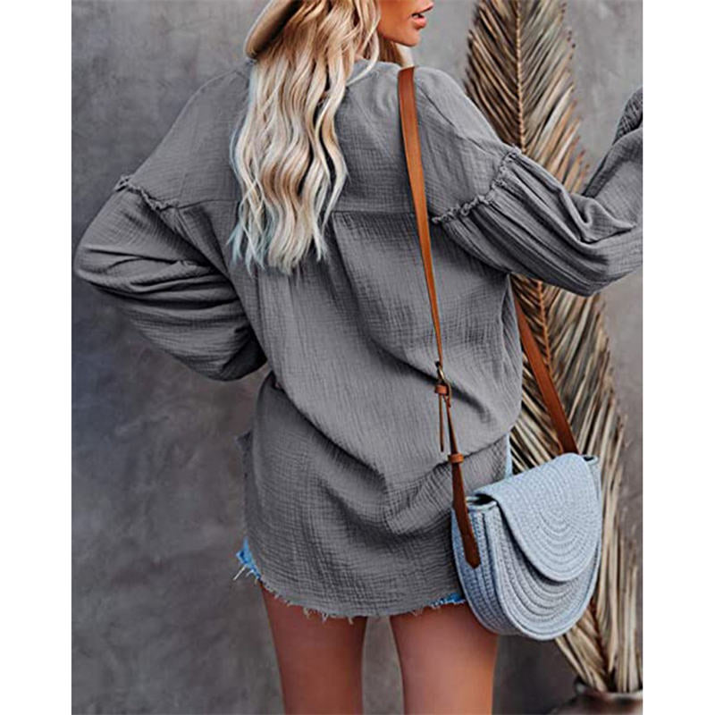 Womens Deep V Neck Lantern Sleeve Blouse Button Down Pullover Tops-Grey