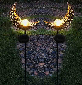 2 Pack Garden Metal Moon Weatherproof  Solar LED Decorative Lamp with Warm White Spherical Lamp Post Suitable for Lawn Courtyard Courtyard