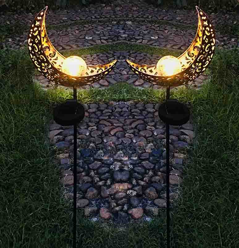 2 Pack Garden Metal Moon Weatherproof  Solar LED Decorative Lamp with Warm White Spherical Lamp Post Suitable for Lawn Courtyard Courtyard