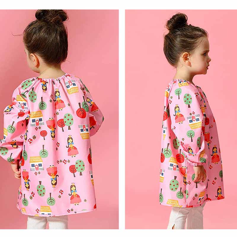 Kids Waterproof Smock Long Sleeve Cartoon Pattern Art Apron-Pink