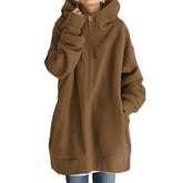 Womens Long Fleece Sweatshirt Simple Full Zip Hoodies-Coffee