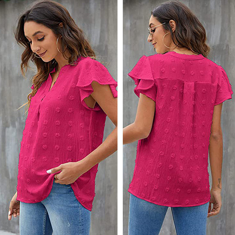 Womens Ruffle Shirts V Neck Short Sleeve Pom Chiffon Blouses Tops-Rose Red