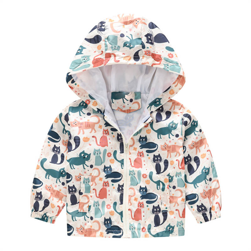 Toddler Boys Girls Cartoon Print Zip Jacket Hooded Trench Kids Casual Coats-12