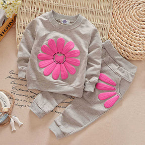 Baby Girls 2 Pcs Sunflower Clothes Set Long Sleeve Top And Pants Outfits-Gray