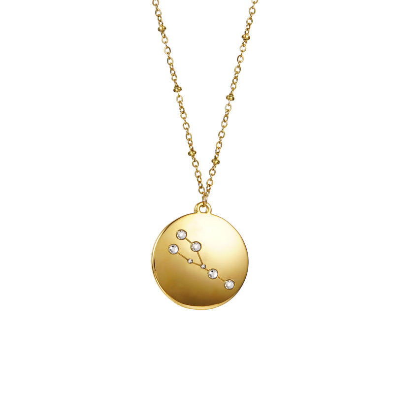 12 Constellation Coin Disc Gold Necklace Engraving Astrology Pendant-Taurus