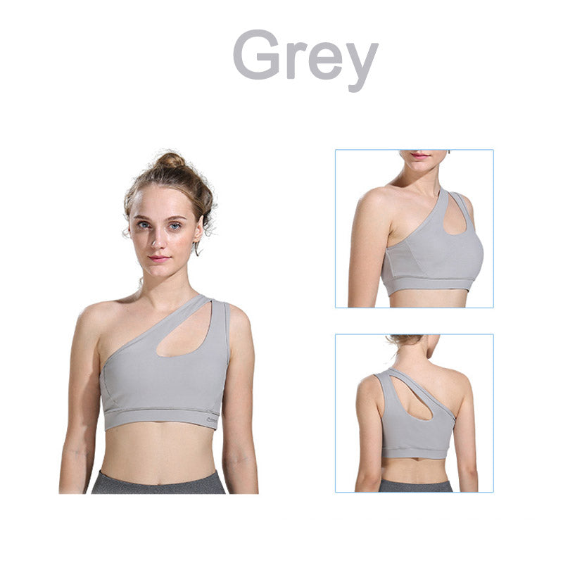 One Shoulder Sports Bra Removable Padded Sexy Cute Workout Top-Grey