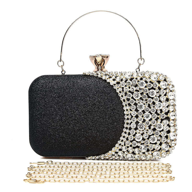 Womens Crystal Evening Clutch Bag Wedding Purse Party Bag-Black