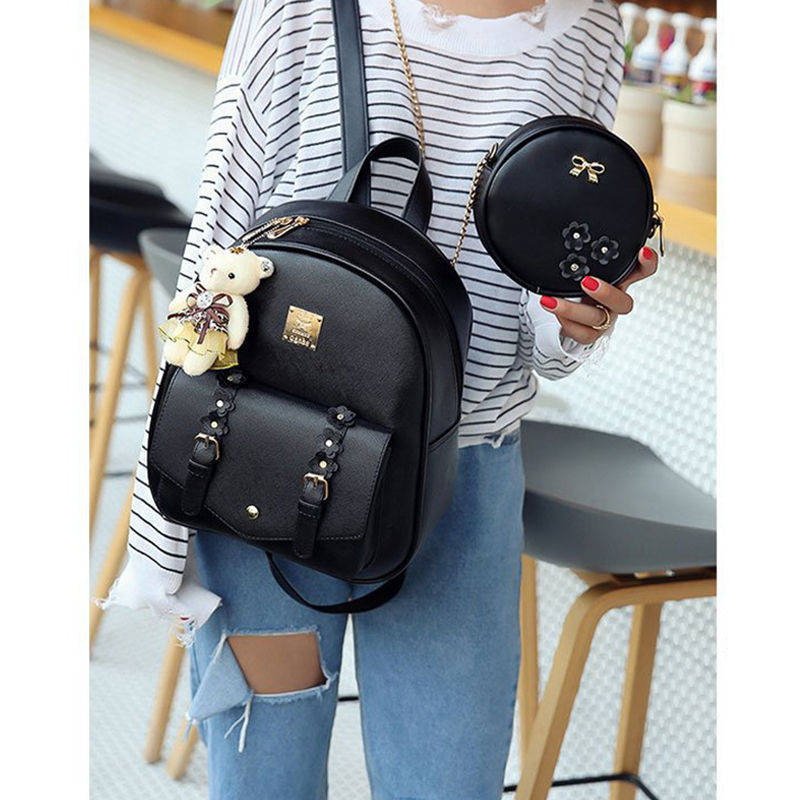 Mini Leather Backpack Purse 3-Pieces Fashion Flower Zipper Daypacks for Girls and Women-Black