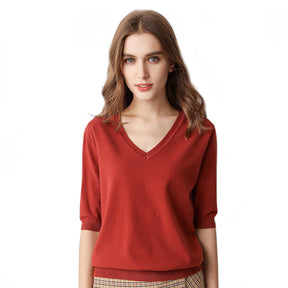 Womens V Neck Sweaters Soft Tops Knit Casual Solid Pullover-Red