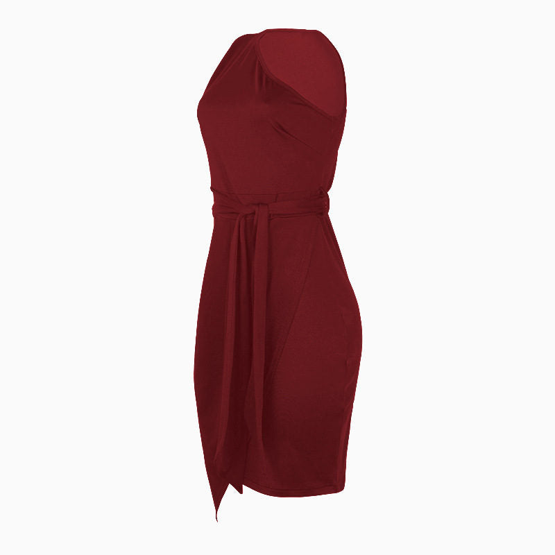 Solid Color Sleeveless Sloping Shoulder Strap Party Cocktail Dress-WineRed