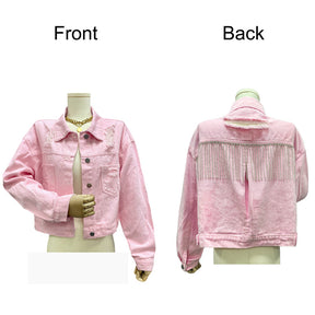 Womens Denim Jacket with Fringe Rhinestones Crop Casual Coat-Pink