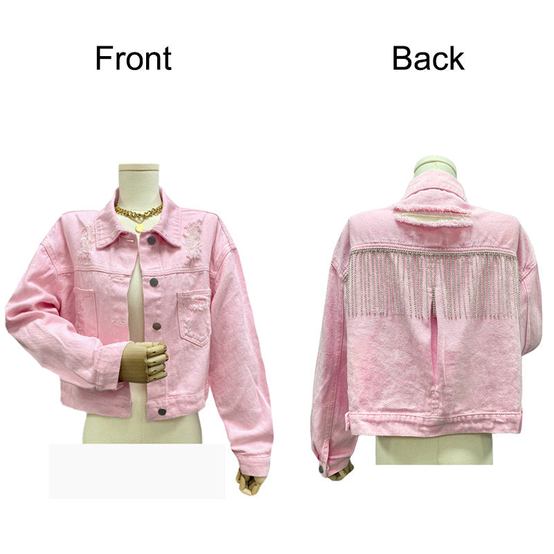 Womens Denim Jacket with Fringe Rhinestones Crop Casual Coat-Pink