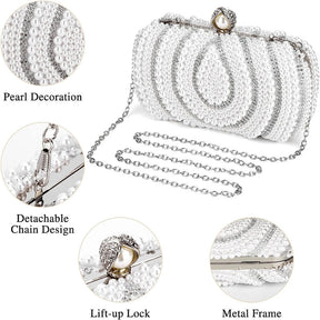 Womens Pearl Beaded Clutches Bags Luxury Evening Purse for Party Prom-White