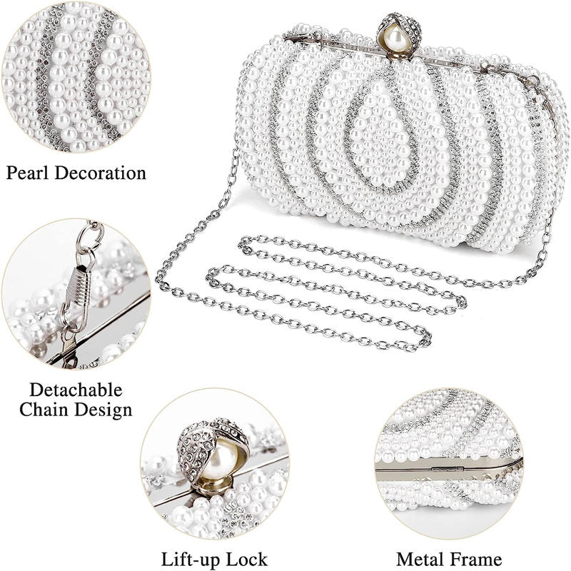 Womens Pearl Beaded Clutches Bags Luxury Evening Purse for Party Prom-White