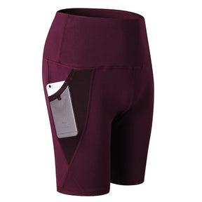 Women Yoga Shorts High Waist Fitness Leggings Sports Running Quick Drying Perspiration Tights With Pocket 2024-Wine Red