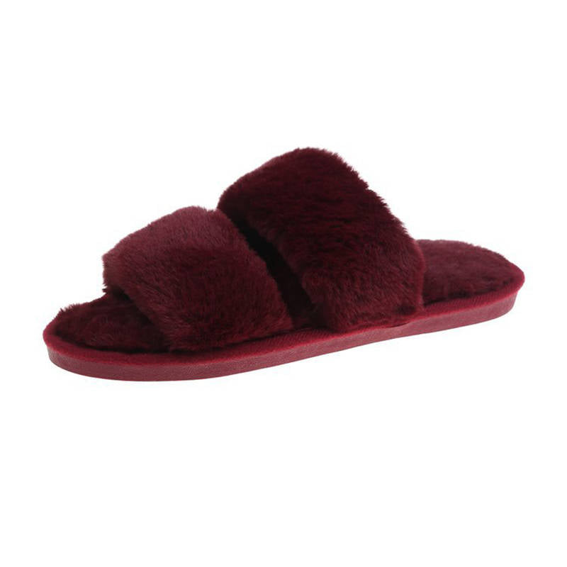 Womens Fuzzy Slippers Open Toe Cozy Memory Foam Sandals-Parallel Wine Red