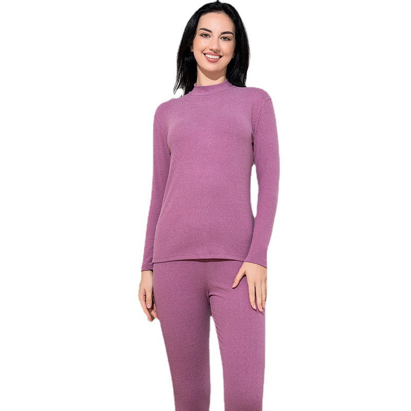 Womens Soft Thermal Underwear Set Plush Lined Half Turtleneck-Purple