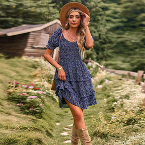 Womens Summer Dress High Waist Floral Smocked Tiered Dresses-Royal Blue