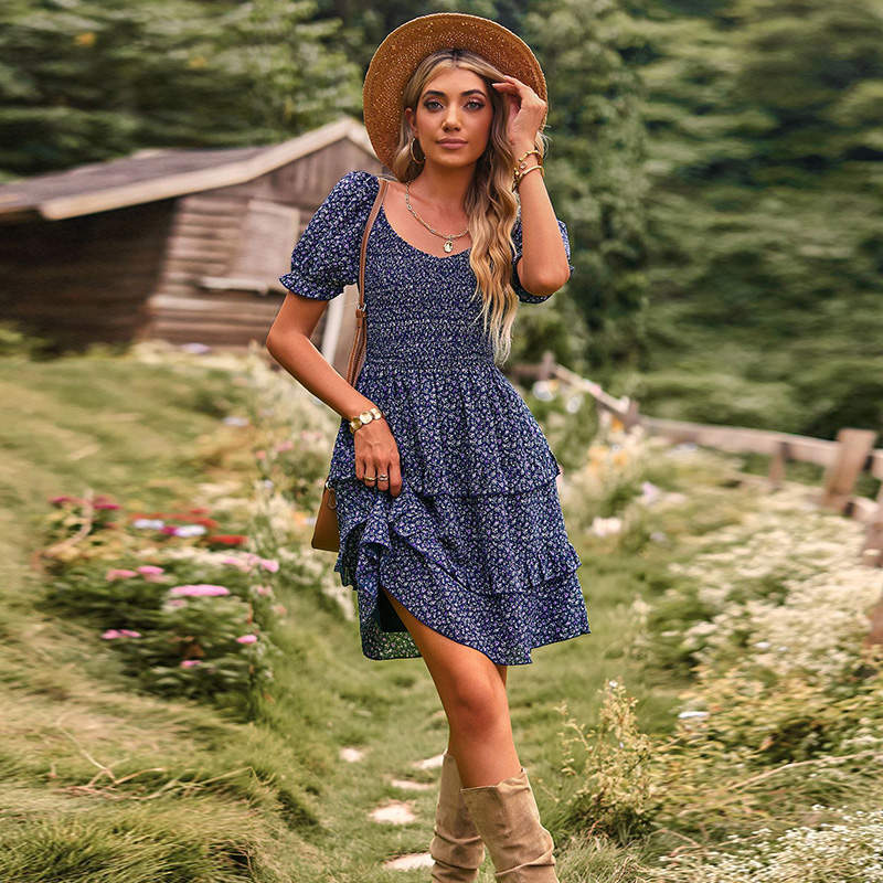 Womens Summer Dress High Waist Floral Smocked Tiered Dresses-Royal Blue