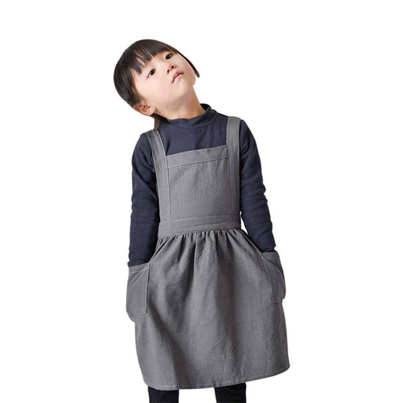 Girls Linen Cotton Apron Adjustable Bib for Cooking Painting-Grey