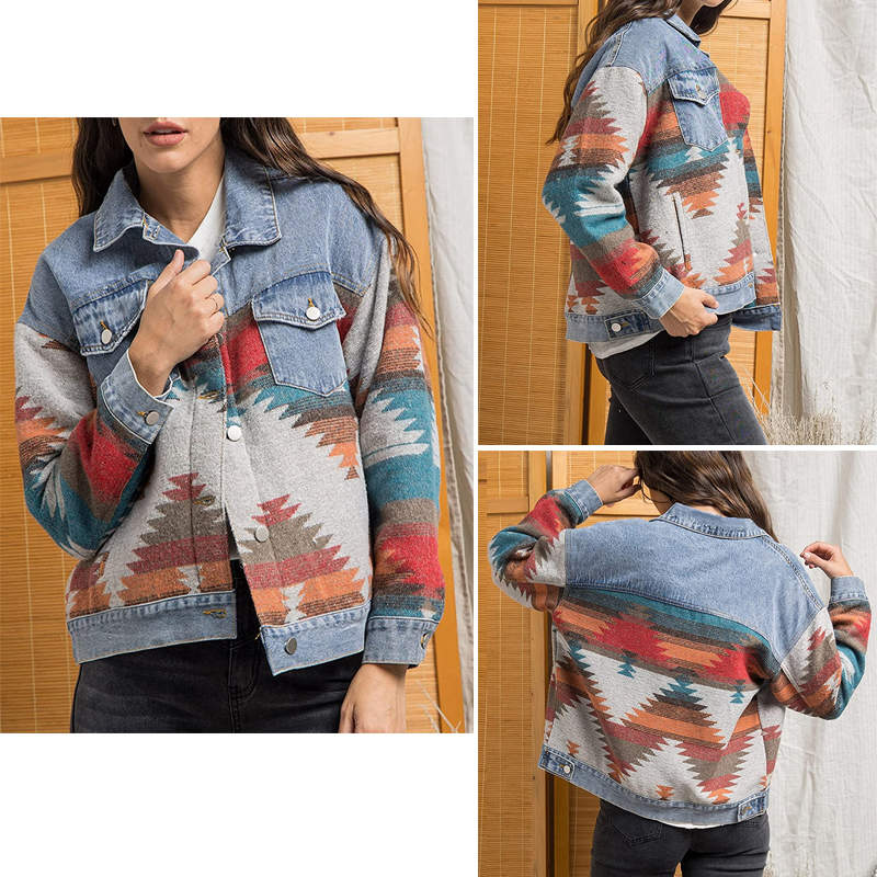 Womens Cropped Denim Jacket Aztec Print Vintage Casual Coat-Blue