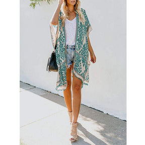 Women Print Kimono Tassel Casual Cardigan V Neck Loose Swimsuit Cover Up Beachwear-Green