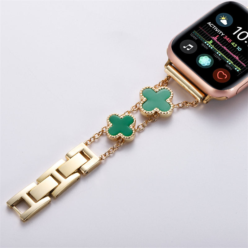 Apple Watch Band Luxury Four-leaf Clover Thin Stainless Steel for iWatch Series SE/6/5/4/3/2/1-Silver+White