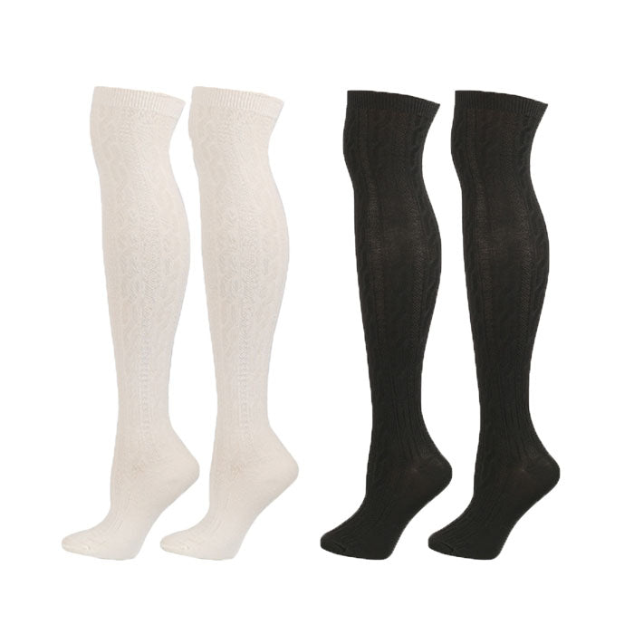 2Packs Women Extra Long High Socks Knit Warmers Thick Tall Long Boot Stockings Leg-WhiteBlack