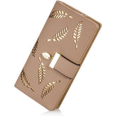 Womens Long Leaf Bifold Wallet Leather Zipper Buckle Elegant Clutch-Khaki