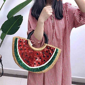 Women Semi-circle Rattan Handbags Watermelon Straw Bag