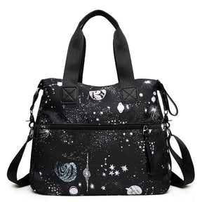 Womens Lightweight Floral Top Handle Handbag Multi-pockets Nylon Shoulder Bag-Black