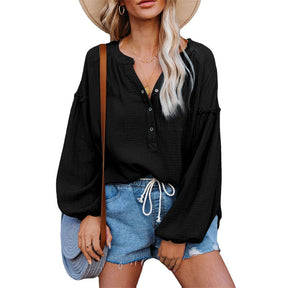 Womens Deep V Neck Lantern Sleeve Blouse Button Down Pullover Tops-Black