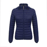 Womens Short Down Jacket Stand Collar Lightweight Removable Cap-NavyBlue
