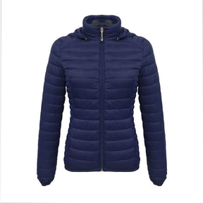 Womens Short Down Jacket Stand Collar Lightweight Removable Cap-NavyBlue