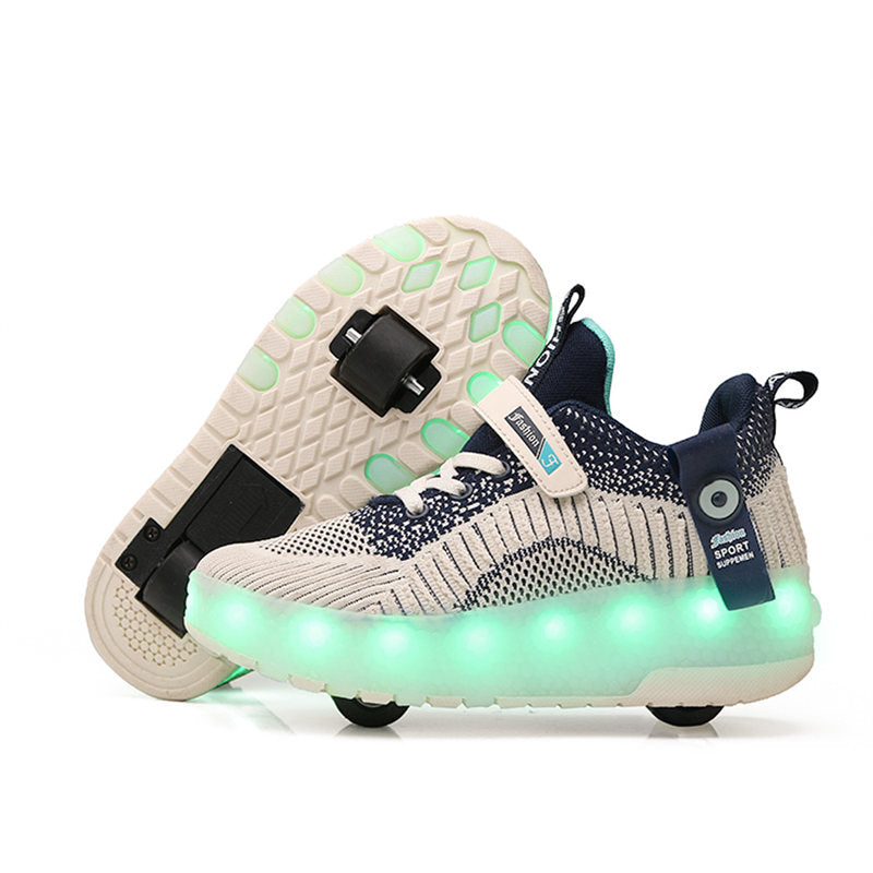 Children Double Wheels Roller Skate Shoes LED Lamp Sneakers-Blue