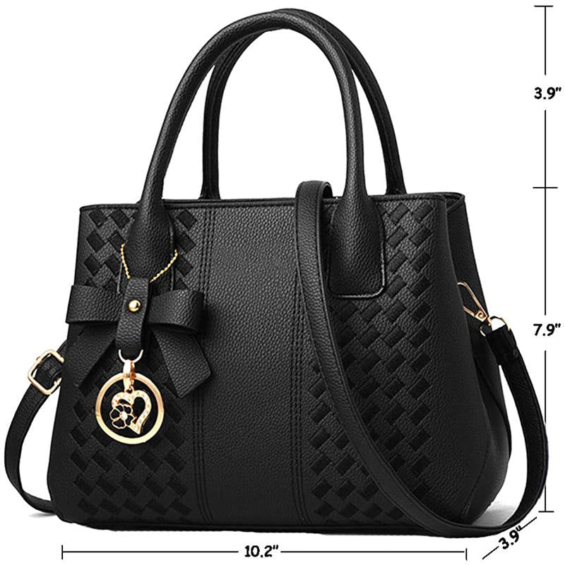 Fashion Womens PU Leather Embroidered Handbags Shoulder Tote Bags-Black