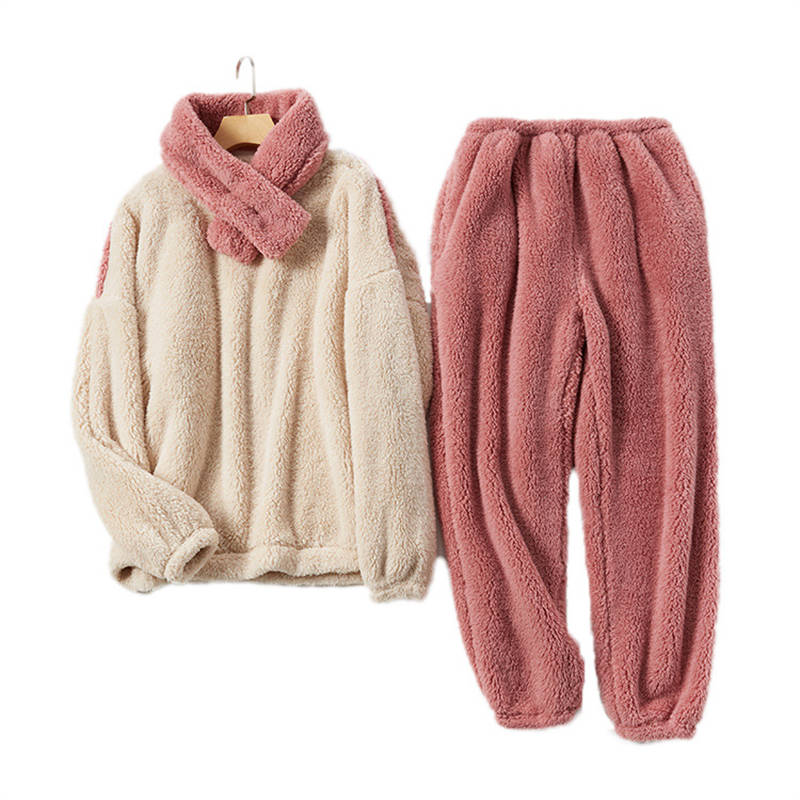 Womens Thickened Coral Fleece Pajamas Set with Scarf-Beige