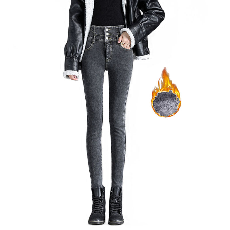 Womens Fleece Jeans Stretch Slim Fit High Waist Denim Pants-Smoke Gray