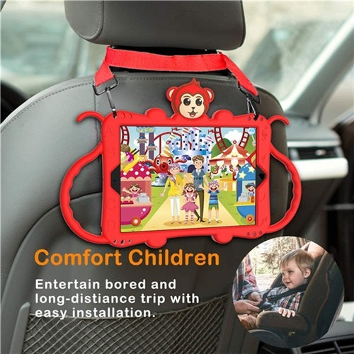 Monkey iPad Case Cartoon Kids Anti-fall Protective Cover Bulit-in Kickstand+Neck Strap With Pencil Holder For iPad 7 10.2inch 2019-Red