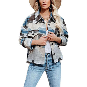 Womens Aztec Jacket Retro Lapel Long Sleeve Coat with Pockets-Blue