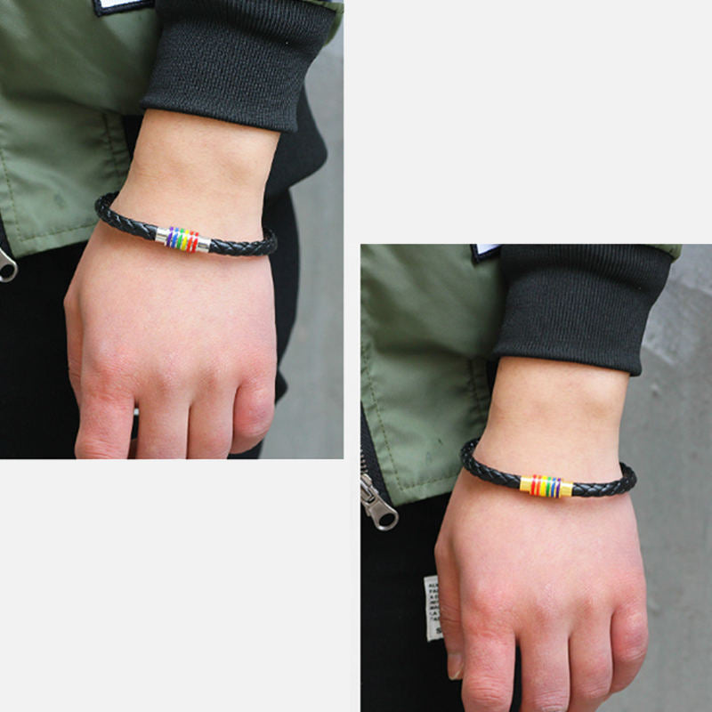 2 Packs LGBT Rainbow Bracelet Couple Leather Magnetic Clasp Bangle-Black