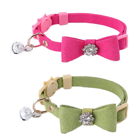 2 Pack Adjustable Cat Collar Set Breakaway with Diamonds Bowtie Bell for Puppy Kitten-B